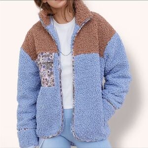 For Love And Lemons Brown and Blue Sherpa Jacket Floral Trim Colorblock Size Med